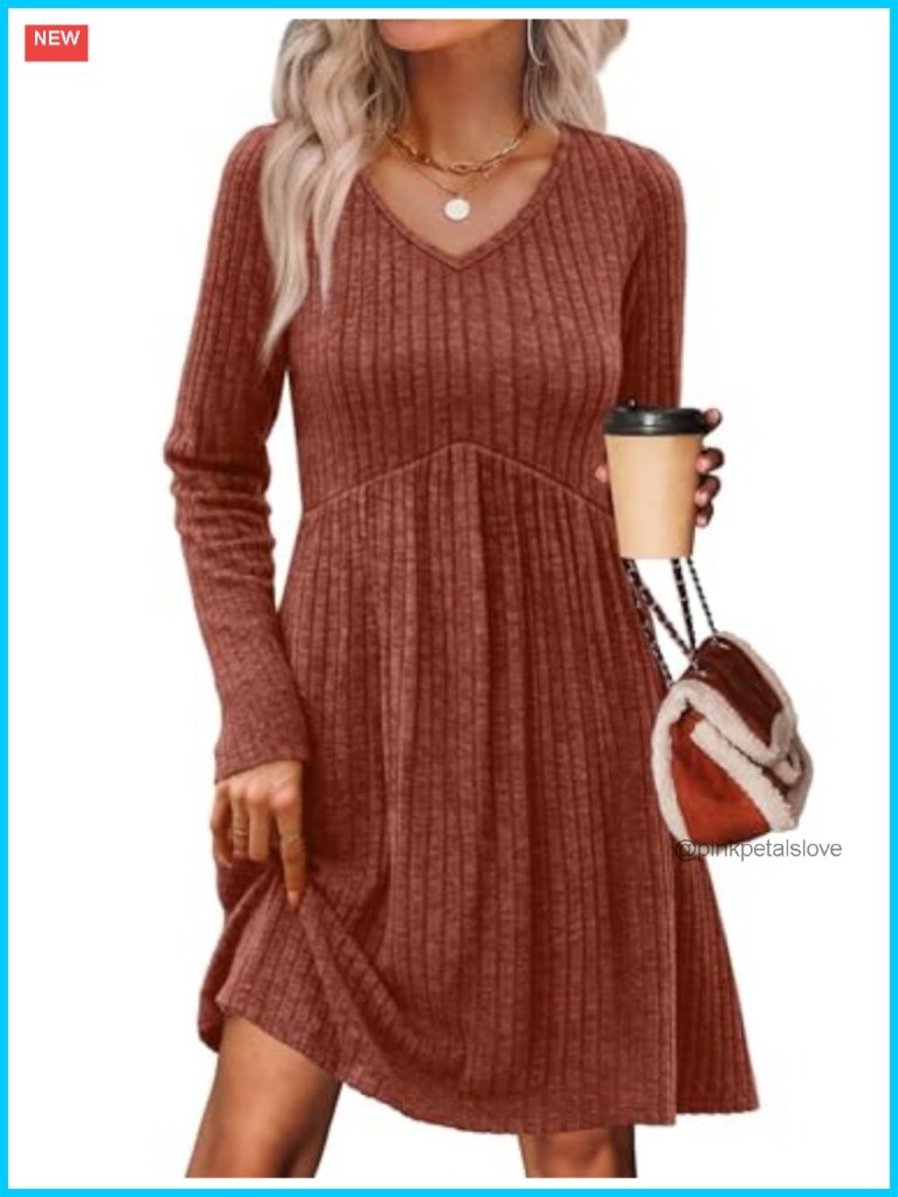 Sweater Dress Long Sleeve V Neck Empire Waist Babydoll Casual with Pockets